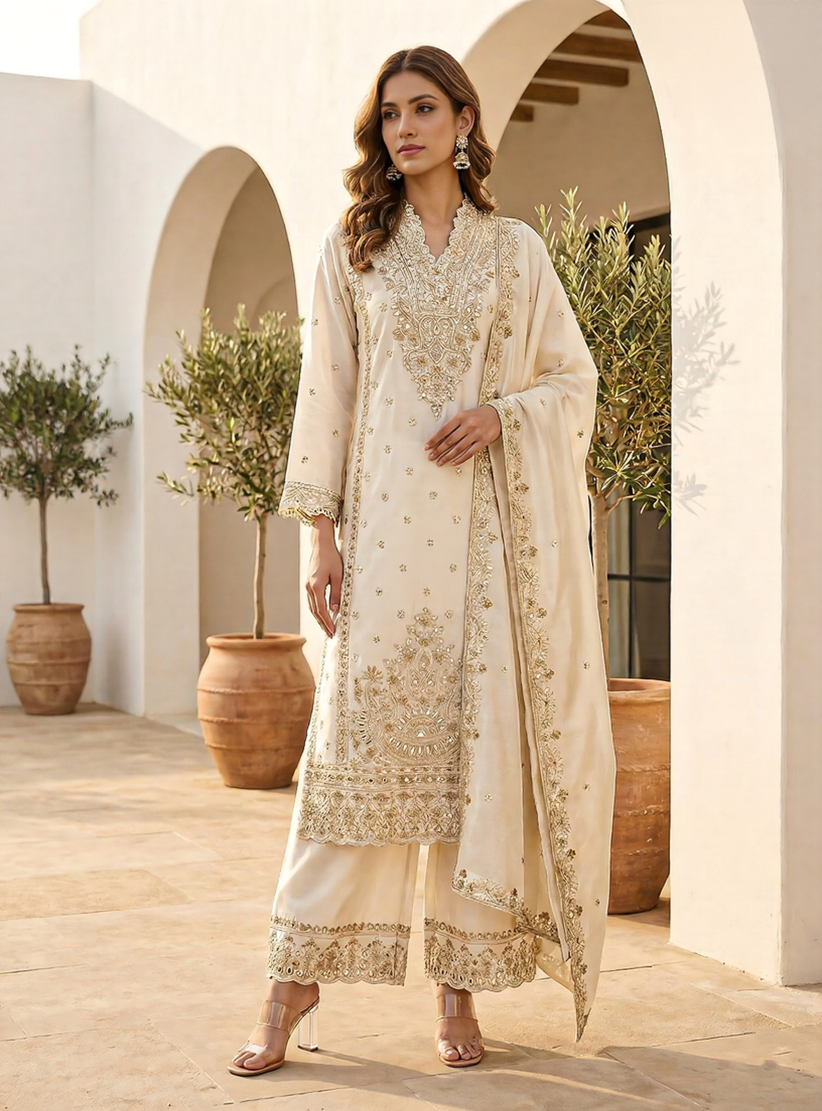 Golden Ivory Embroidered Classic Suit