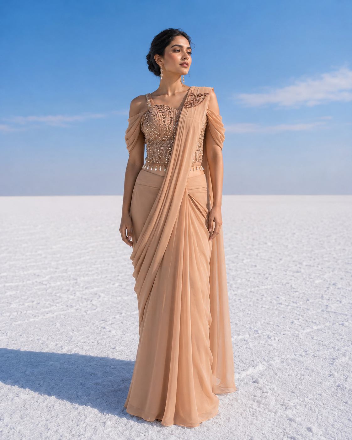 Champagne Peach Draped Saree Ensemble