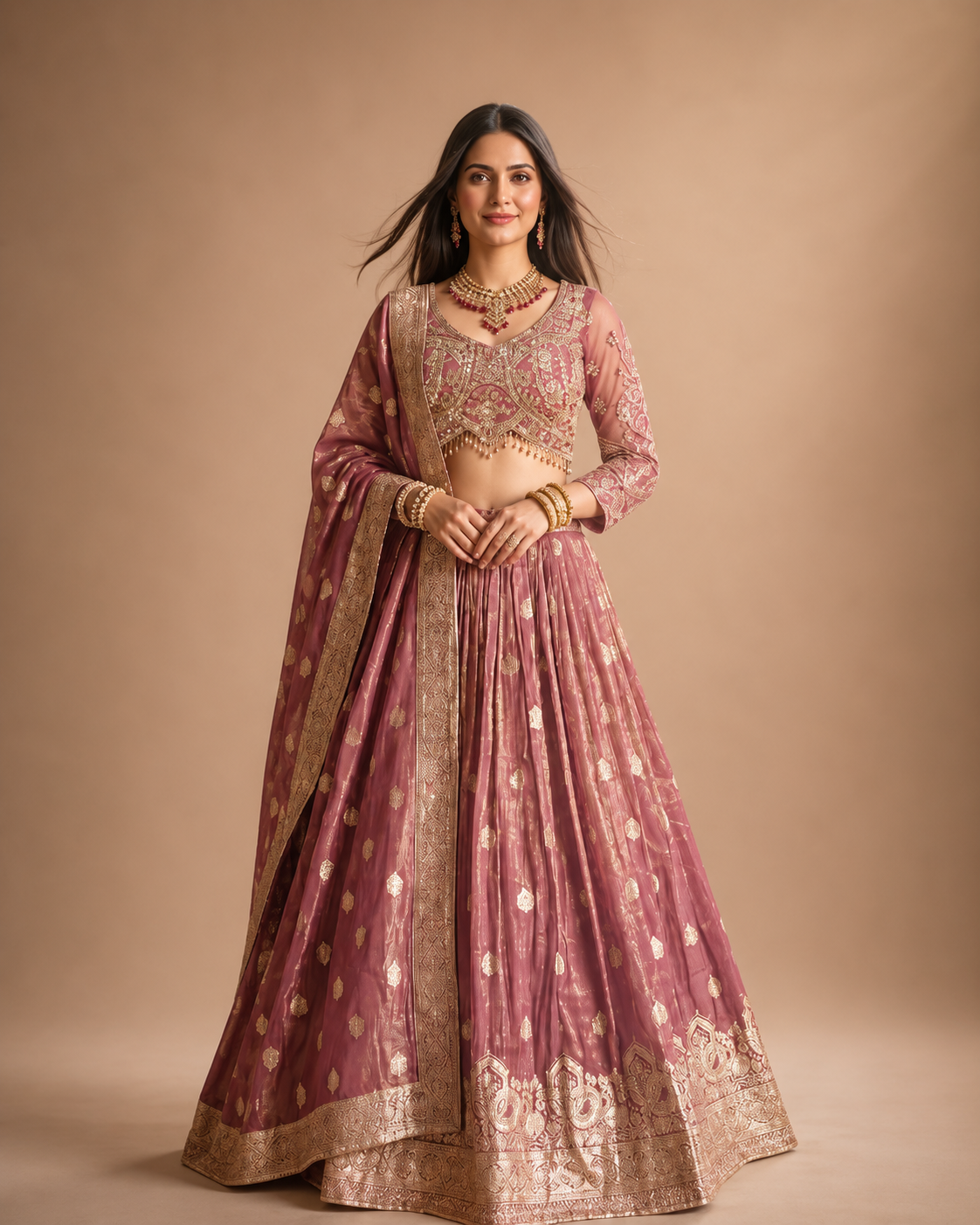 Dusty Rose Gold Zari Lehenga Ensemble