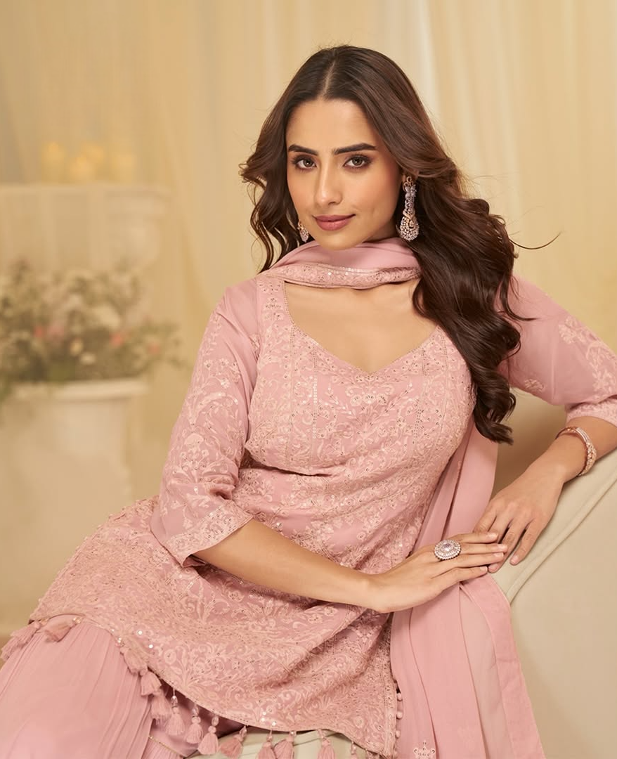Rose Blush Embroidered Kurta with Tiered Sharara Set
