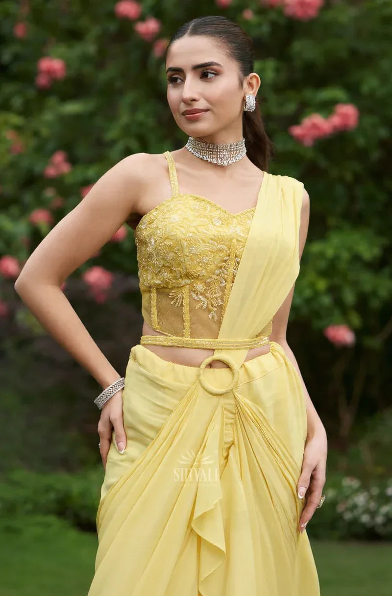 Sunlit Citrine Drape Saree Set - MishUUU