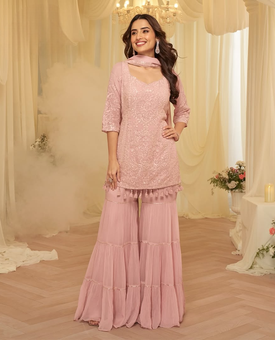 Rose Blush Embroidered Kurta with Tiered Sharara Set