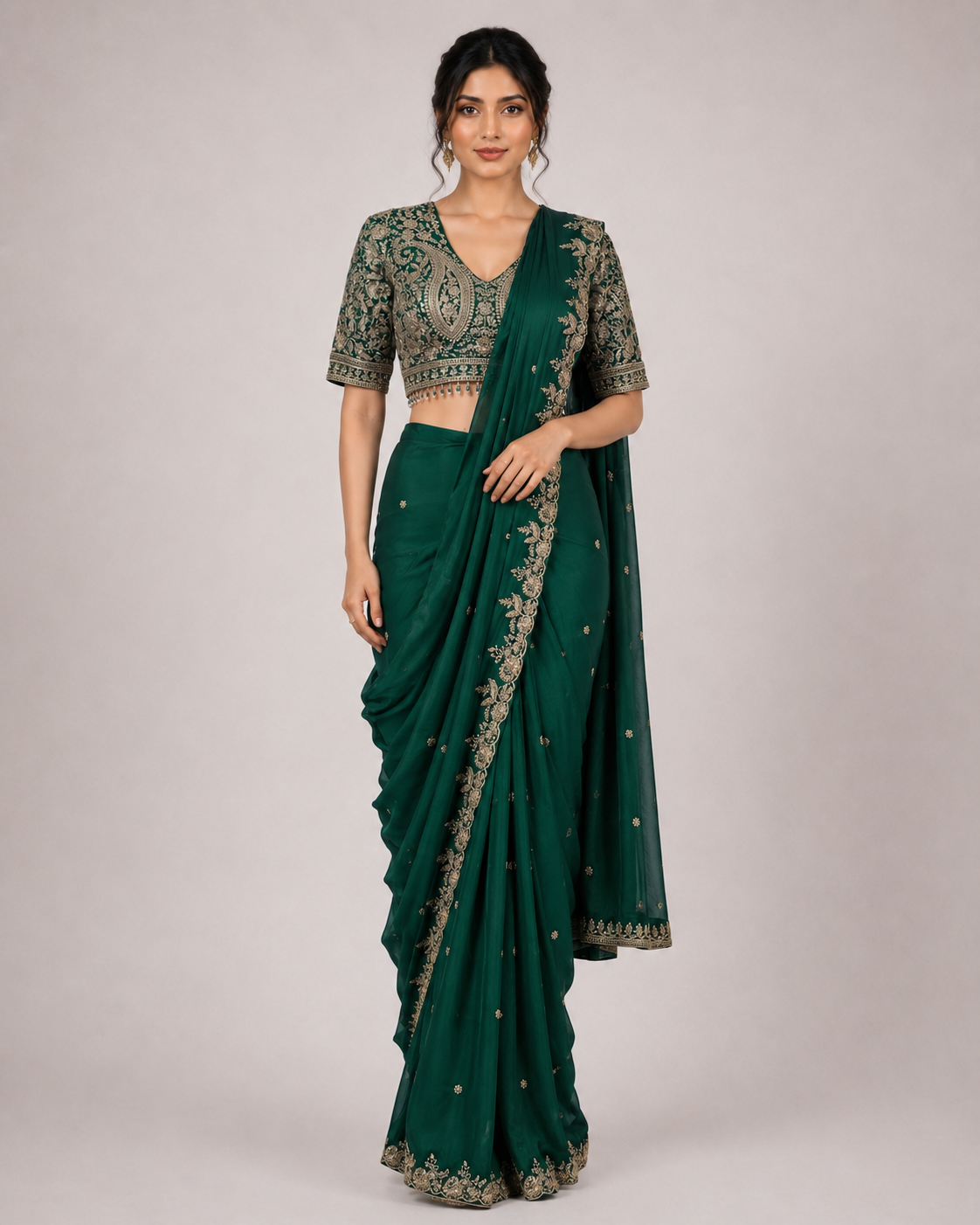 Emerald Green Antique Zari Saree Ensemble