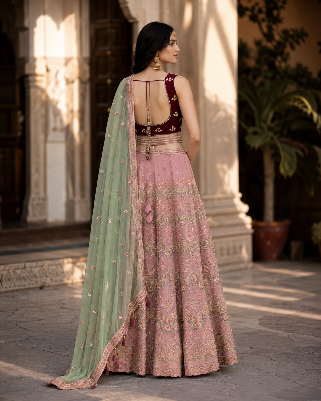 Peach Maroon Floral Lehenga Set