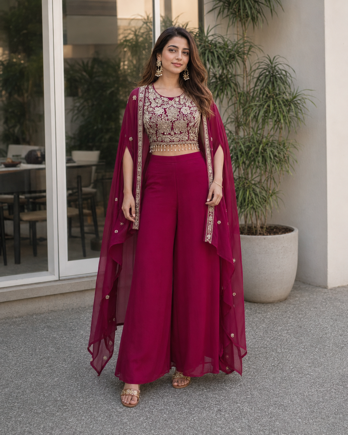 Magenta Gold Cape Palazzo Set
