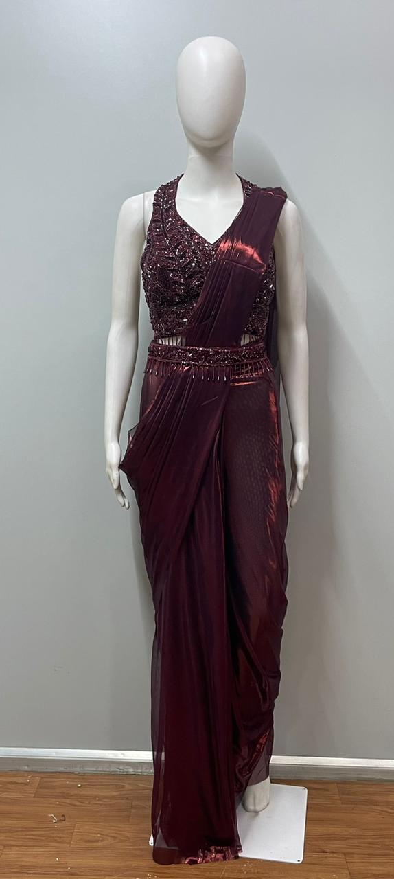 Burgundy Sequin Draped Saree Set