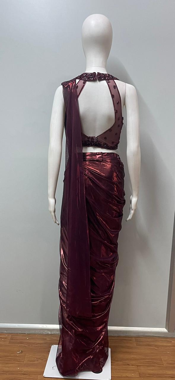 Burgundy Sequin Draped Saree Set