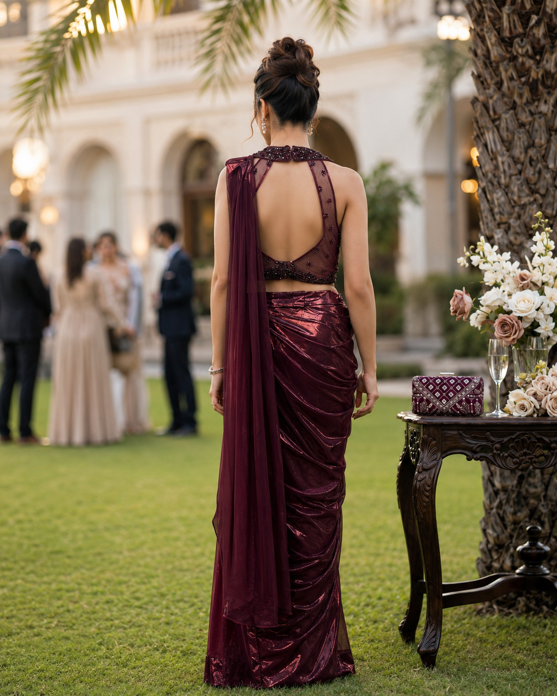 Burgundy Sequin Draped Saree Set