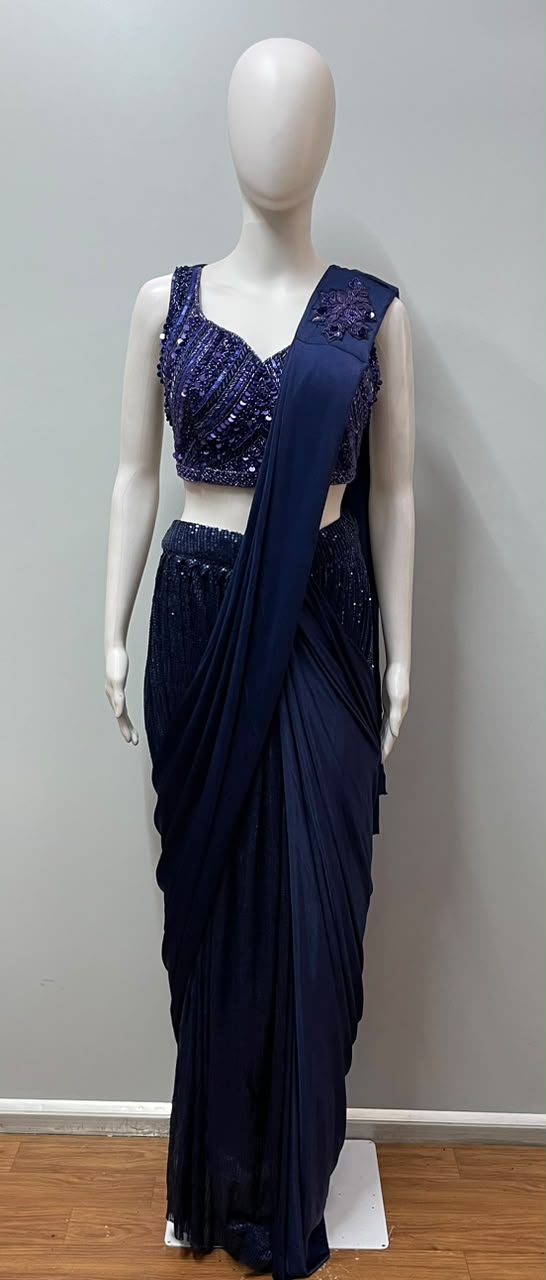 Midnight Navy Sequin Draped Saree Set
