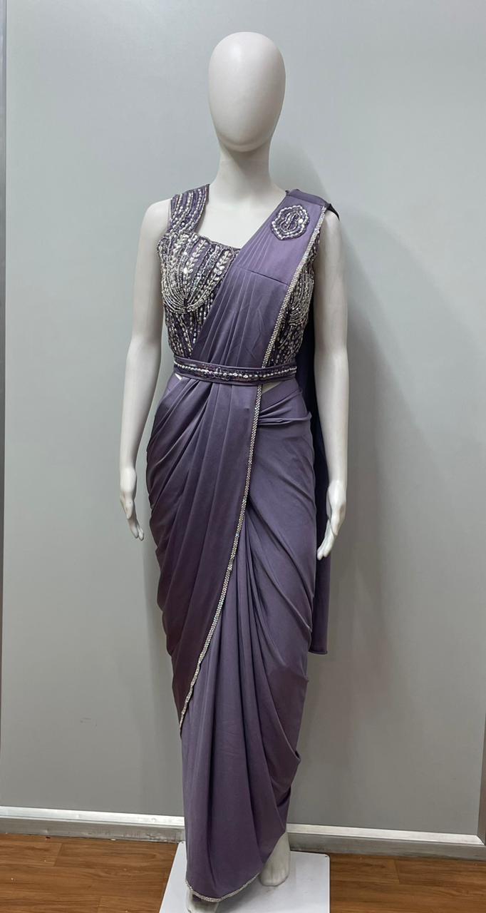 Mauve Silver Draped Saree Set