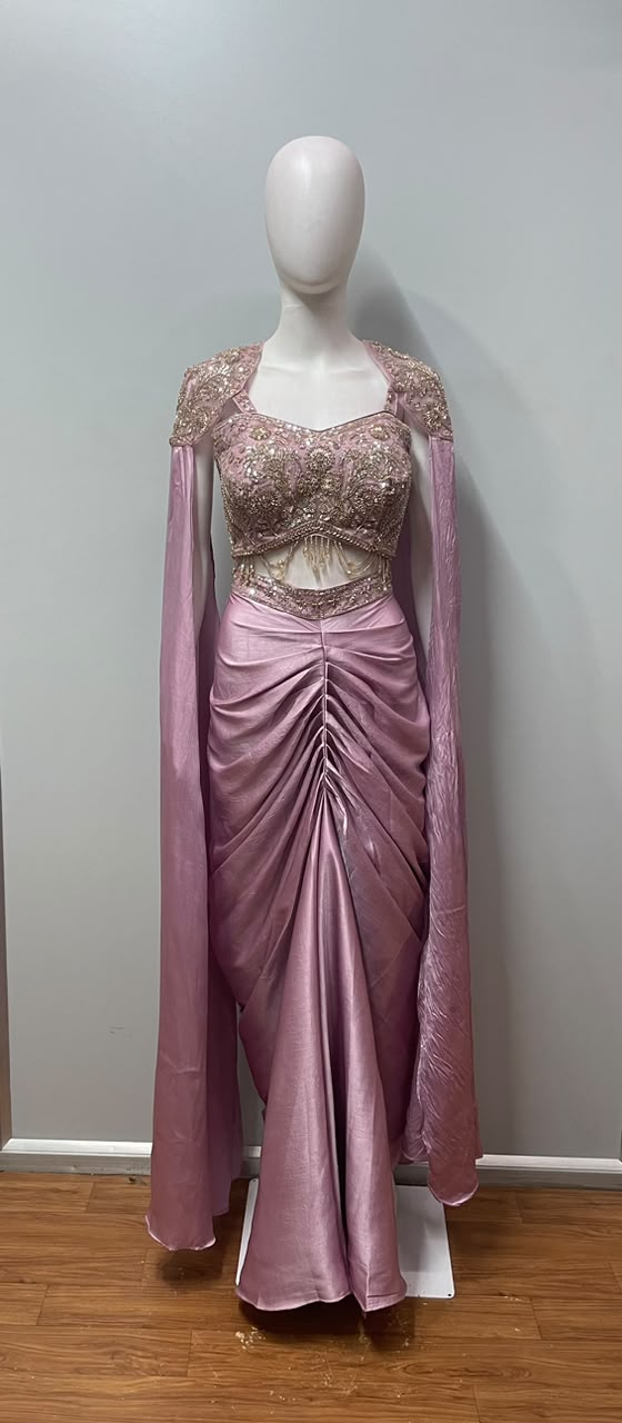 Dusty Rose Gold Embellished Draped Skirt Set