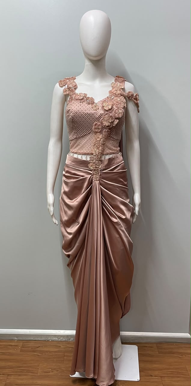 Rose Copper Floral Draped Saree Set