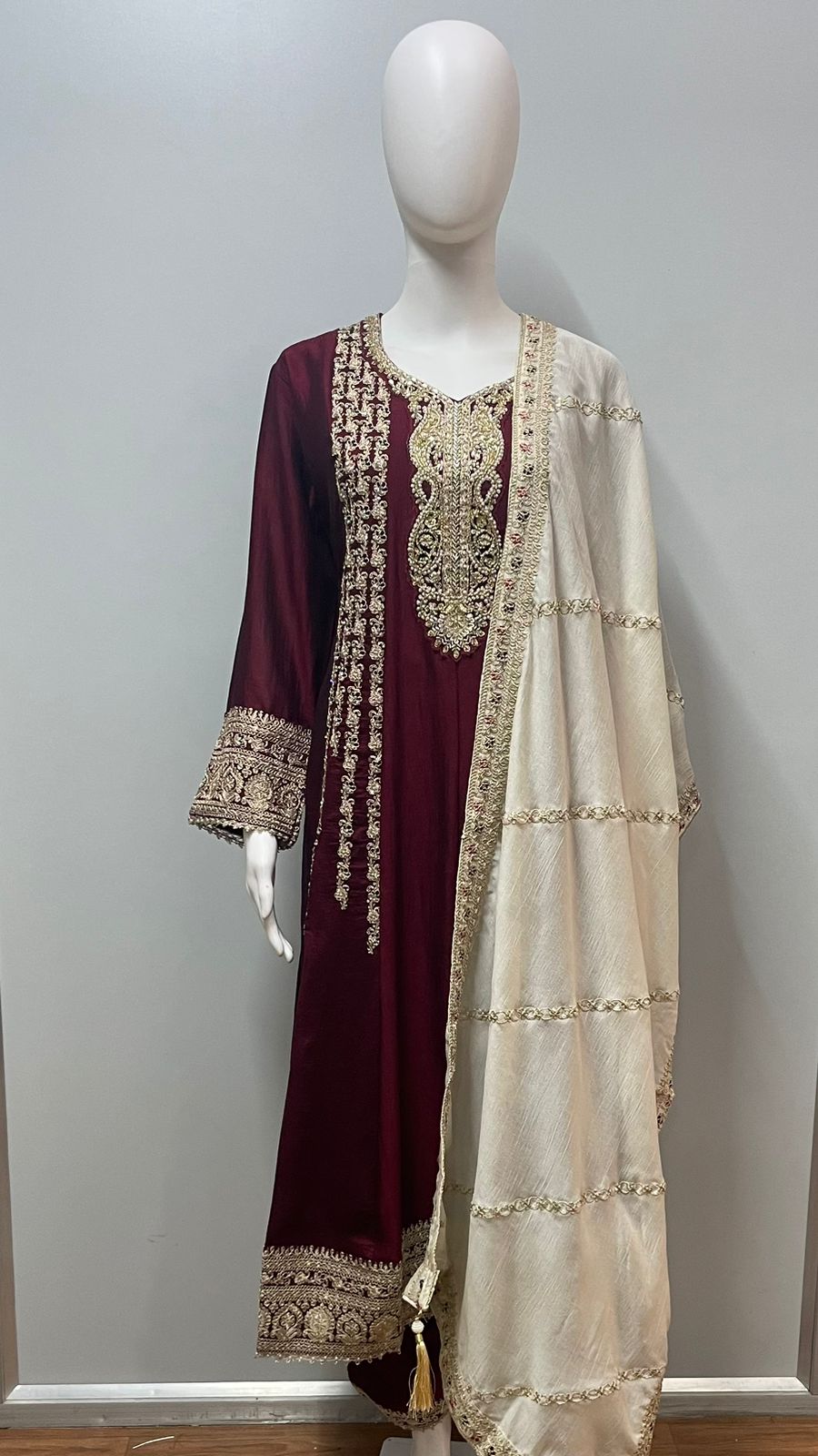 Wine Ivory Embroidered Kurta Set