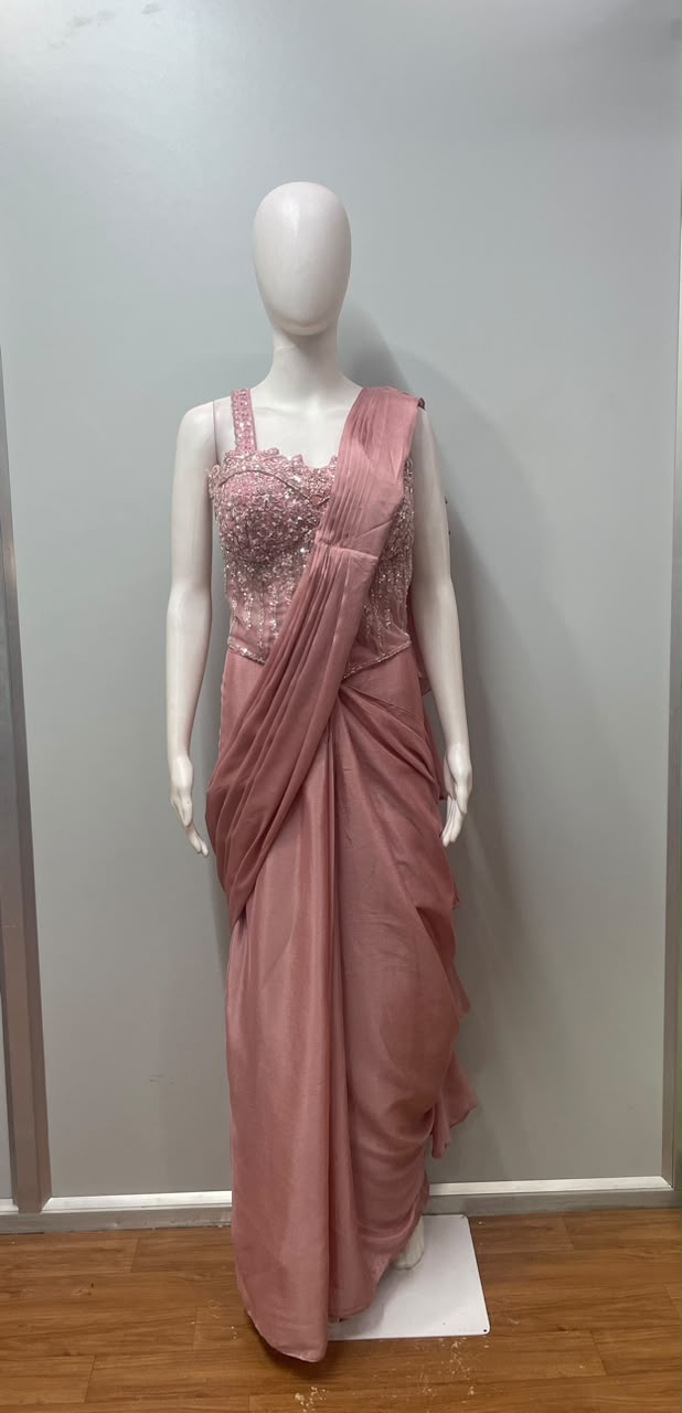 Rose Pink Sequin Corset Draped Saree Set