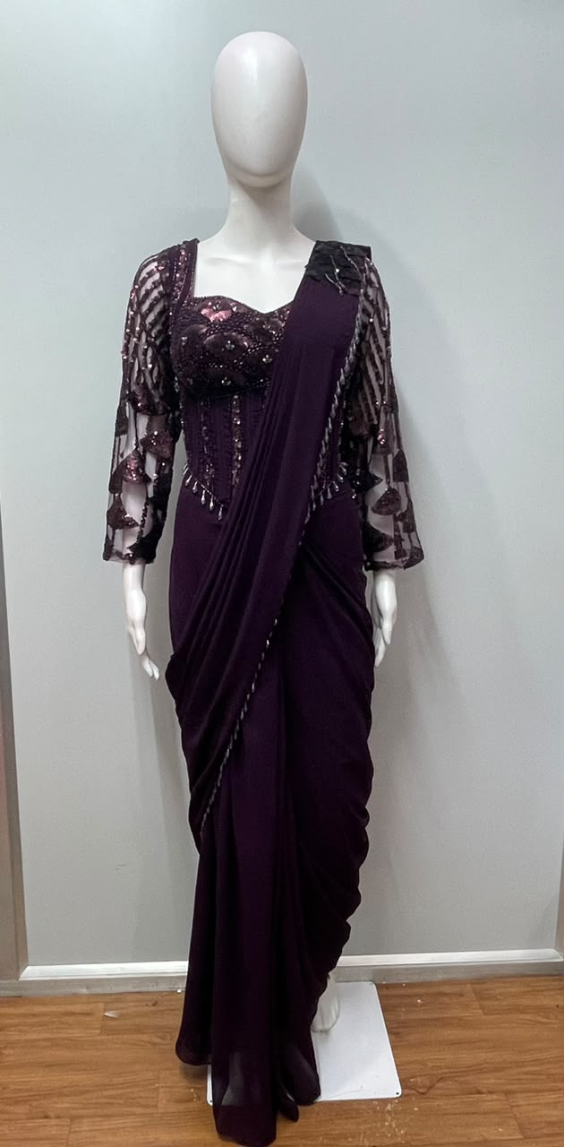 Aubergine Sequin Draped Saree Set