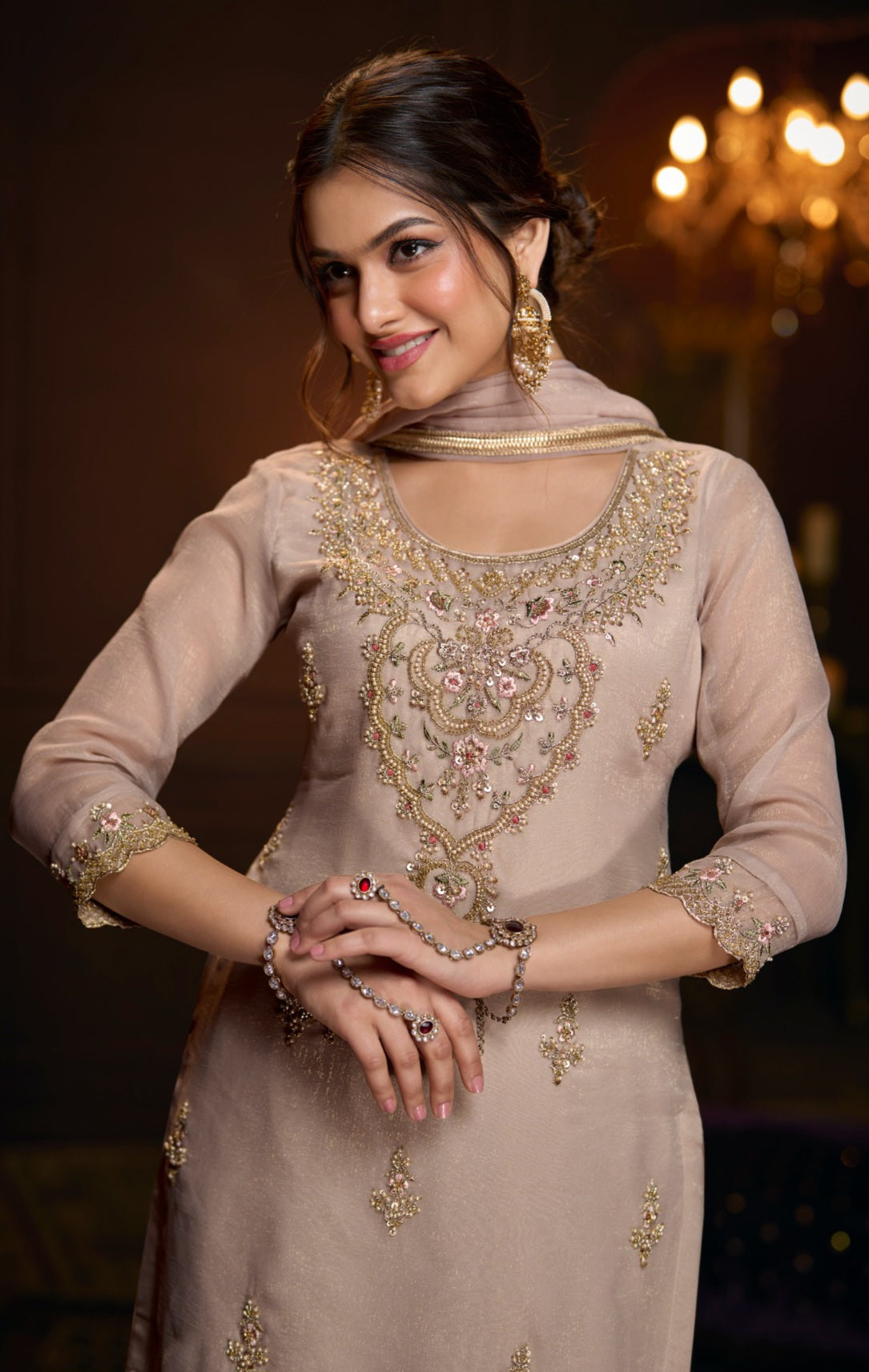Blush Rose Gold Embroidered Sharara Set