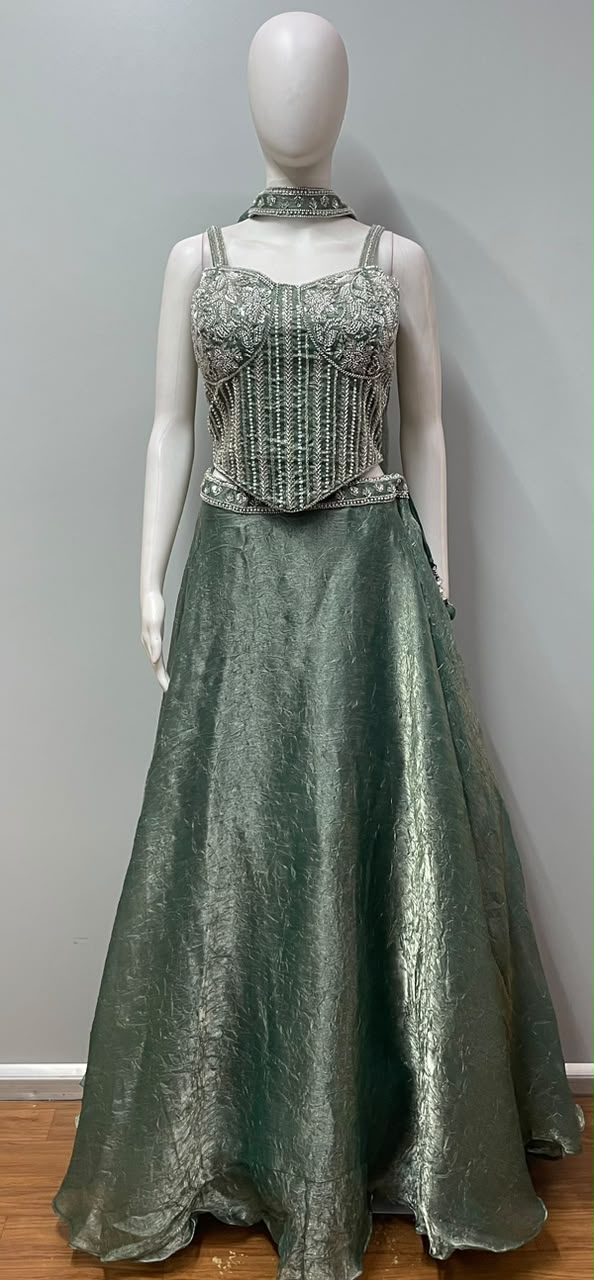 Sage Silver Crystal Corset Lehenga Ensemble