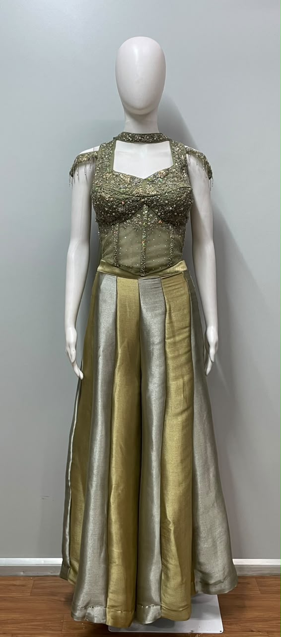 Olive Gold Embellished Corset Palazzo Set