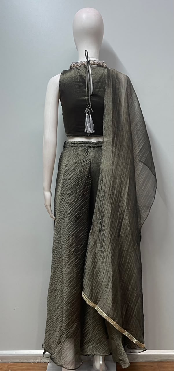Olive Gold Embroidered Palazzo Drape Set