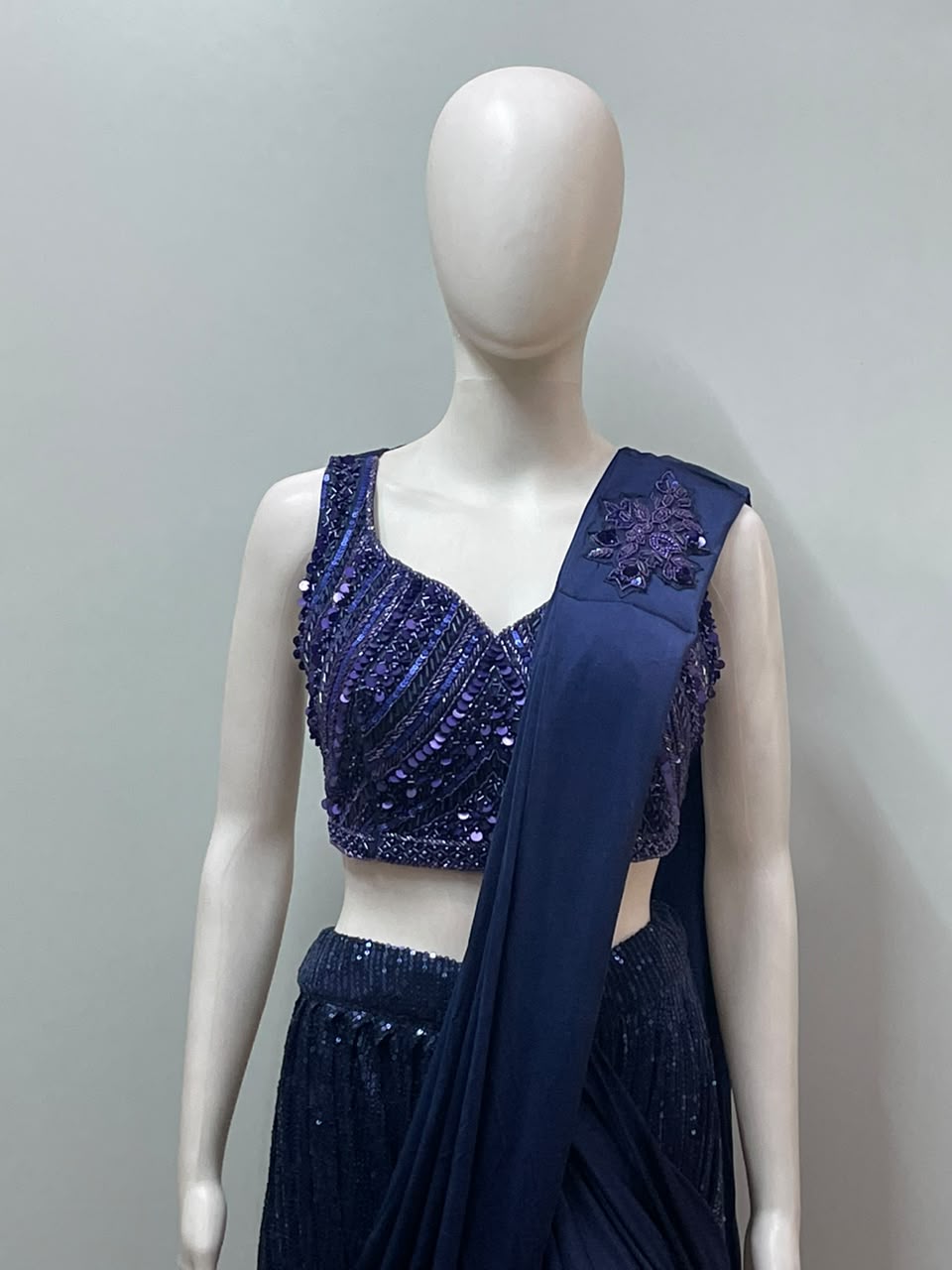 Midnight Navy Sequin Draped Saree Set