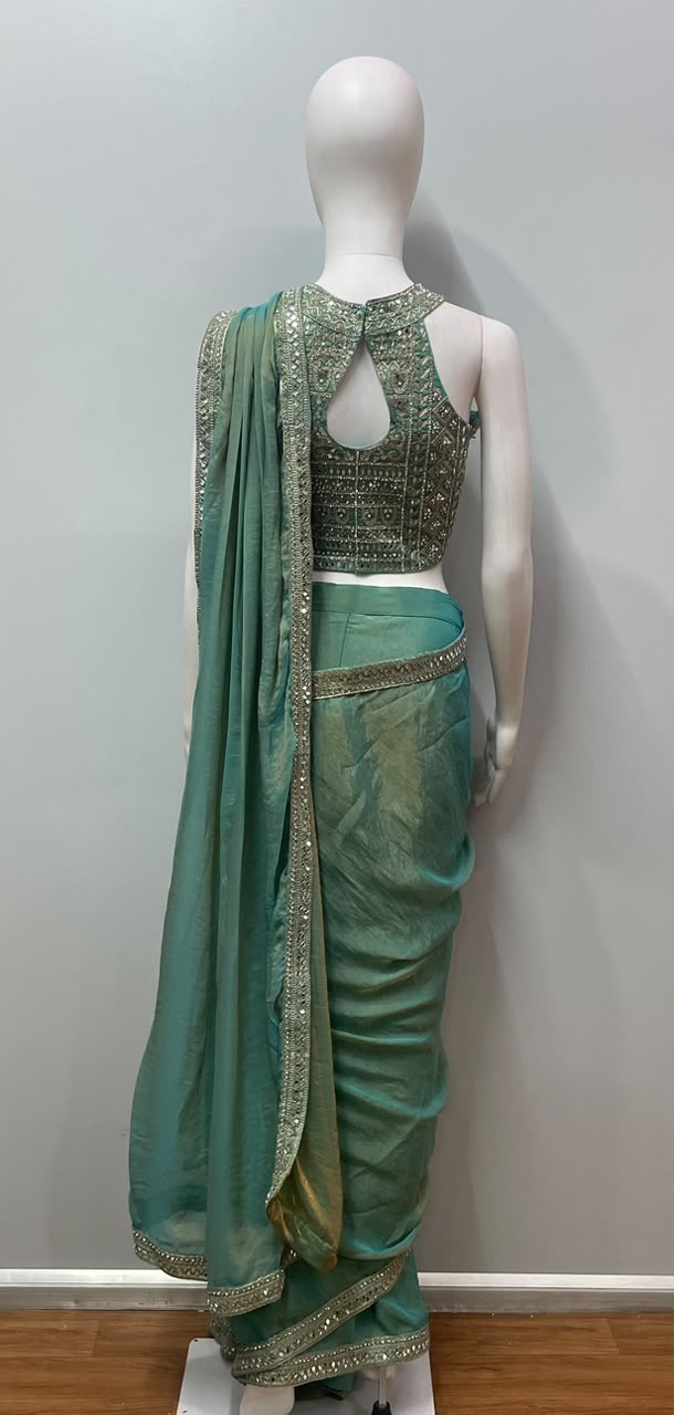 Aqua Zari Draped Saree Set