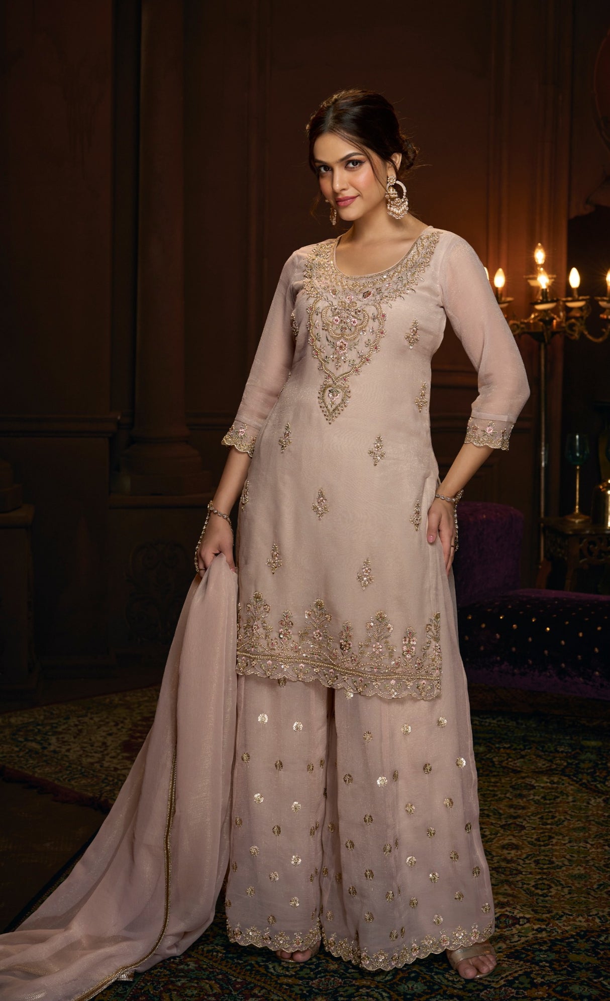 Blush Rose Gold Embroidered Sharara Set