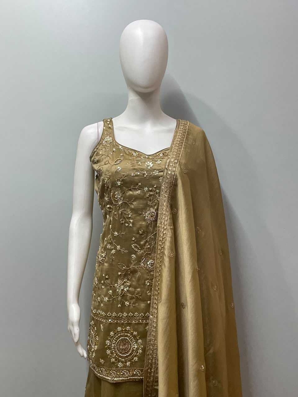 Olive Gold Embroidered Palazzo Set