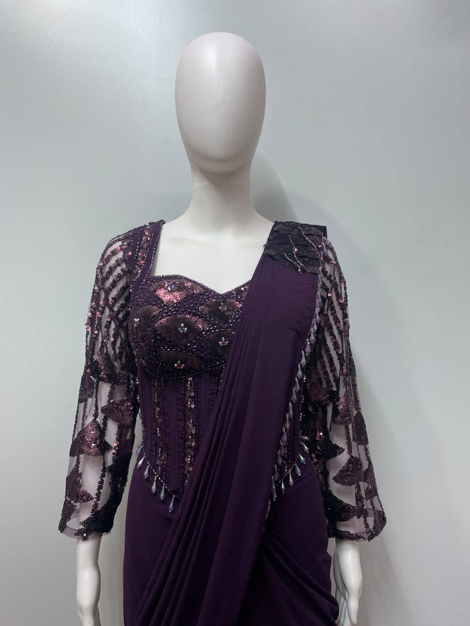 Aubergine Sequin Draped Saree Set