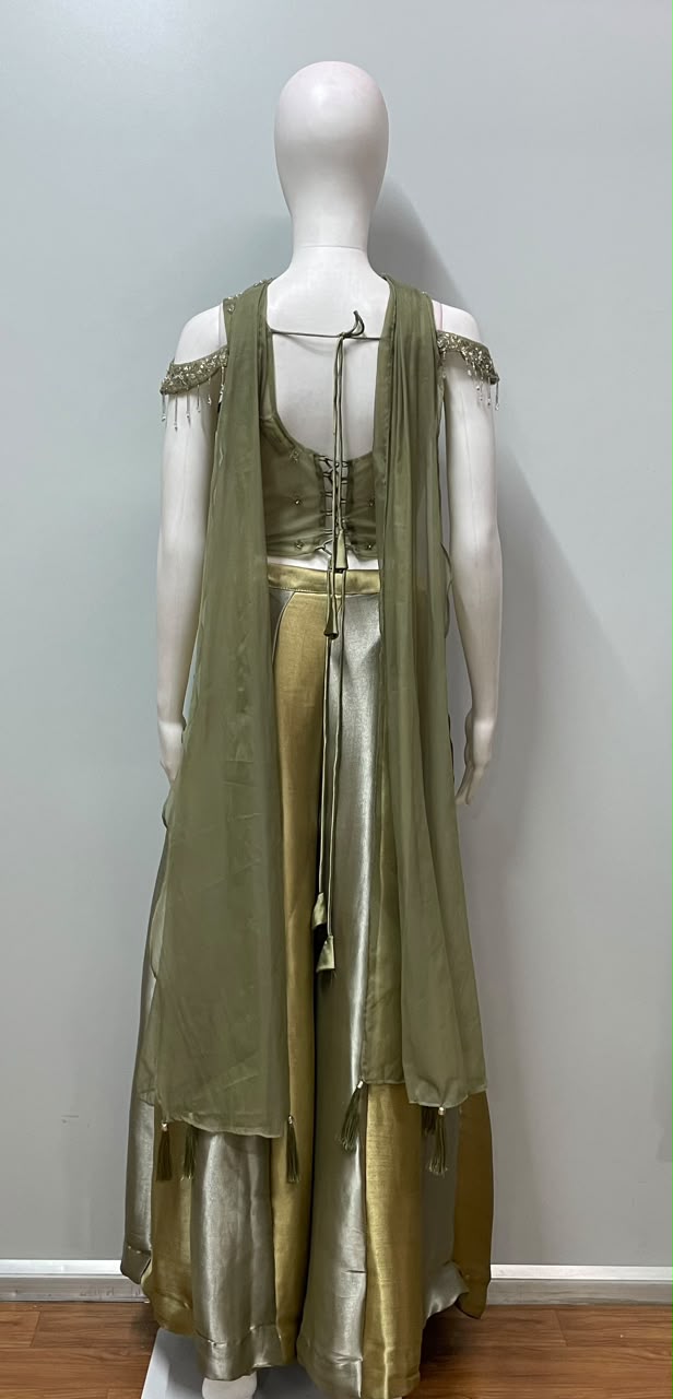 Olive Gold Embellished Corset Palazzo Set