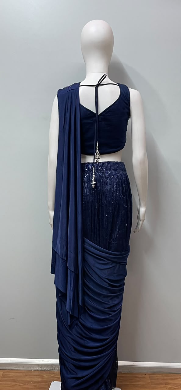 Midnight Navy Sequin Draped Saree Set