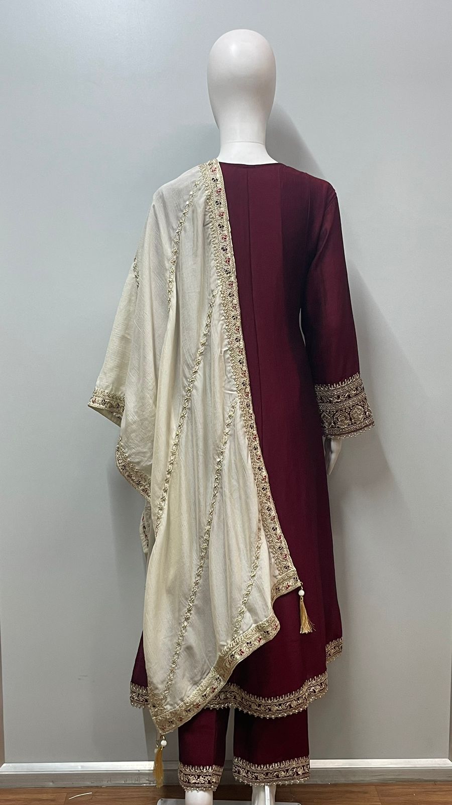 Wine Ivory Embroidered Kurta Set