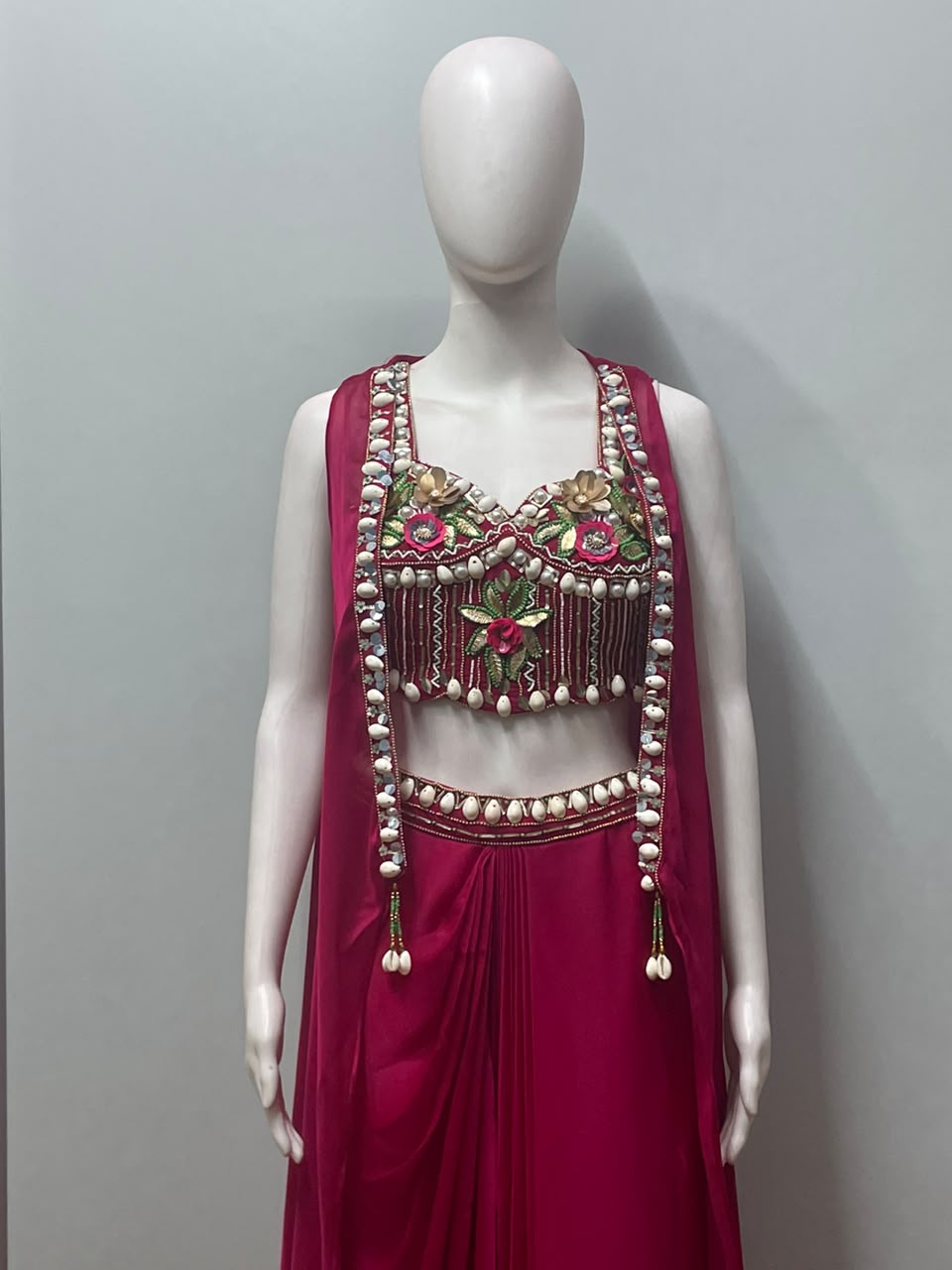 Rani Pink Pearl Floral Draped Saree Set - alternate view
