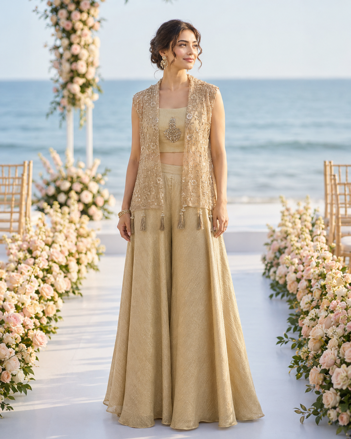 Champagne Embroidered Jacket Palazzo Set