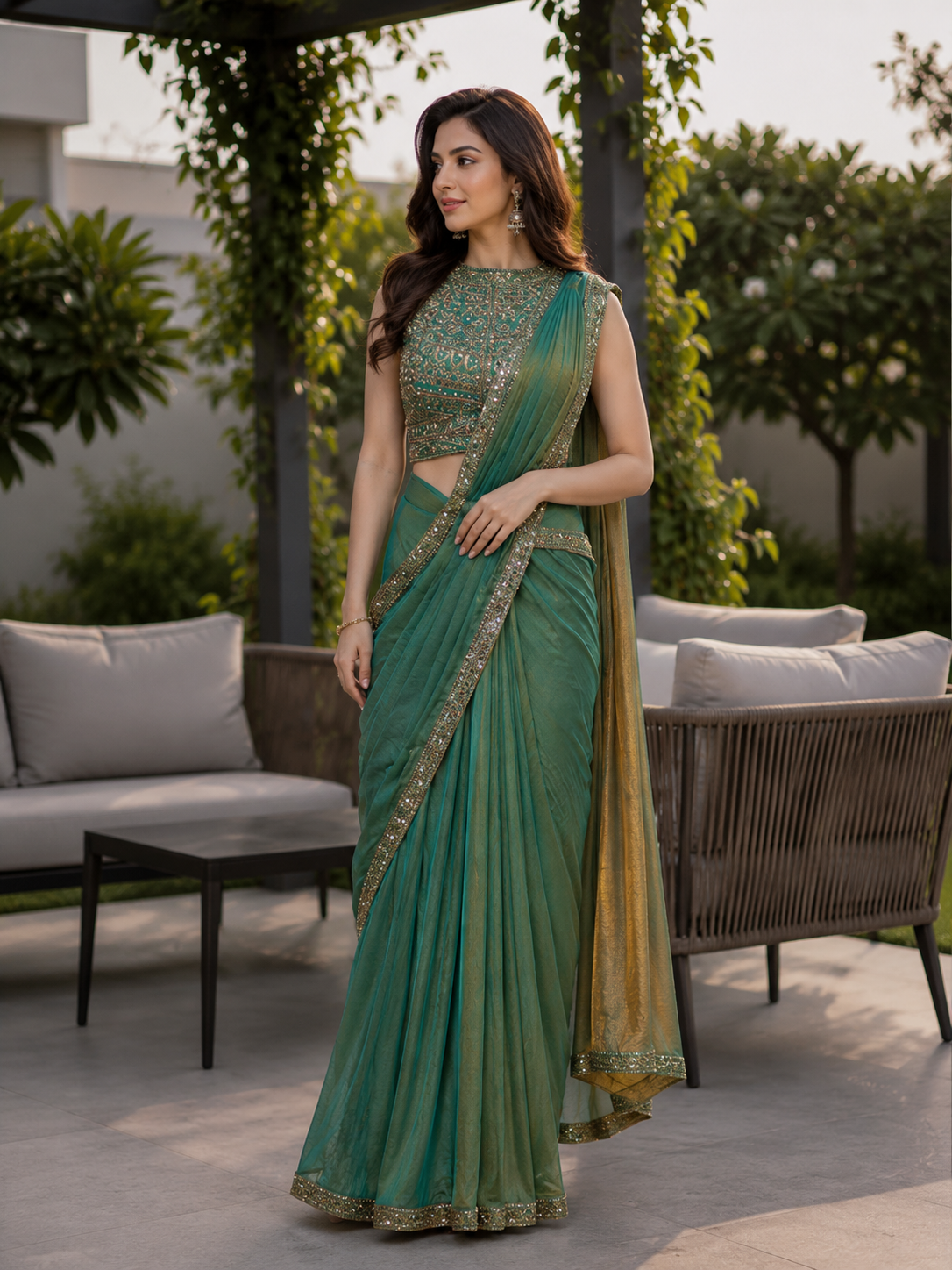 Aqua Zari Draped Saree Set