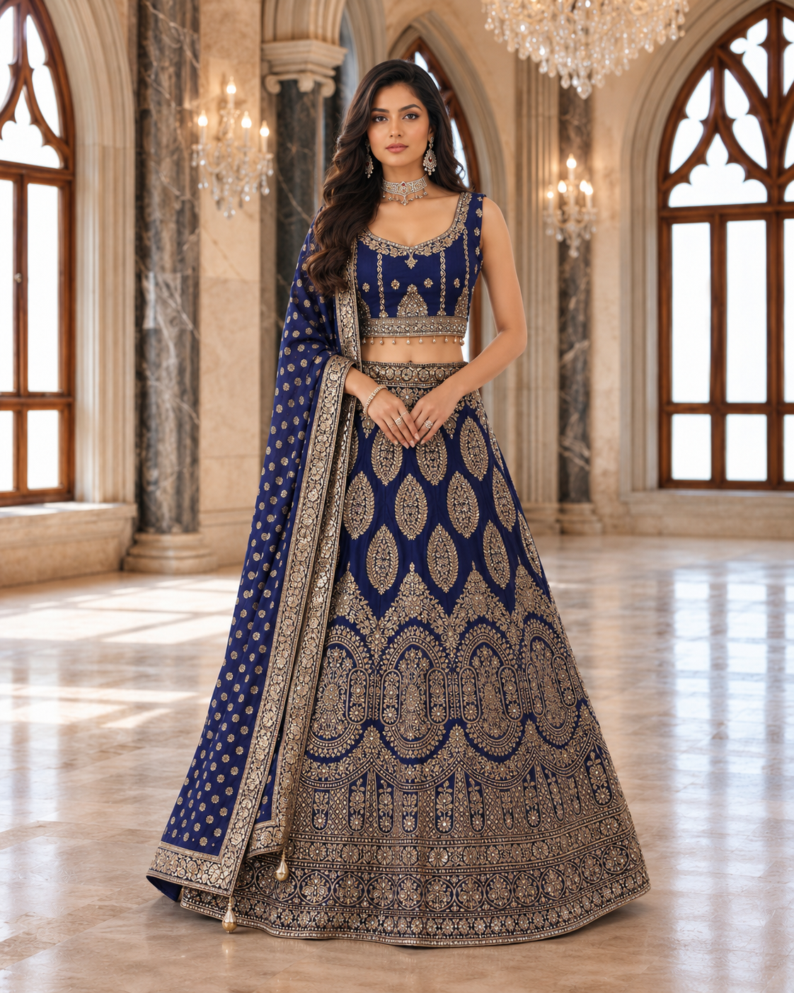Royal Blue Gold Zari Lehenga Ensemble