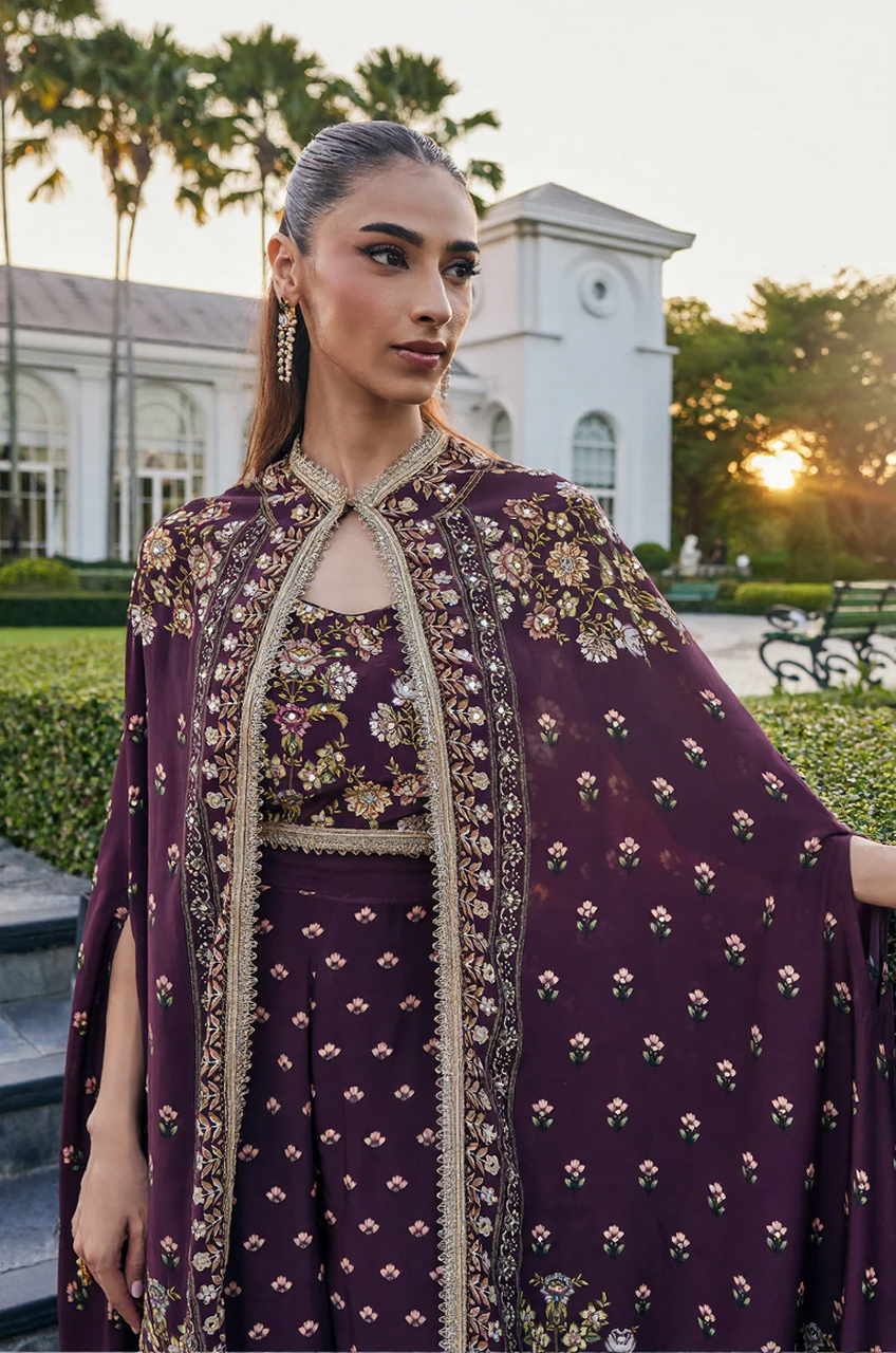 Plum Zareen Embroidered Cape Set