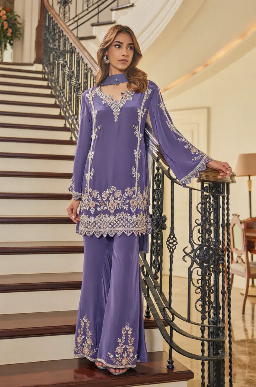 Lavender Noor Embroidered Kurta Palazzo Set - MishUUU