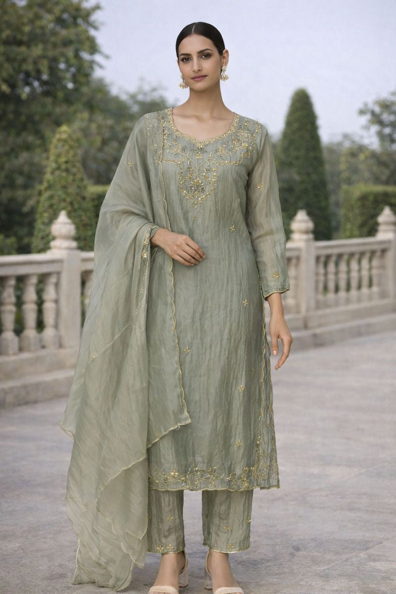 Sage Zari Embroidered Kurta Set