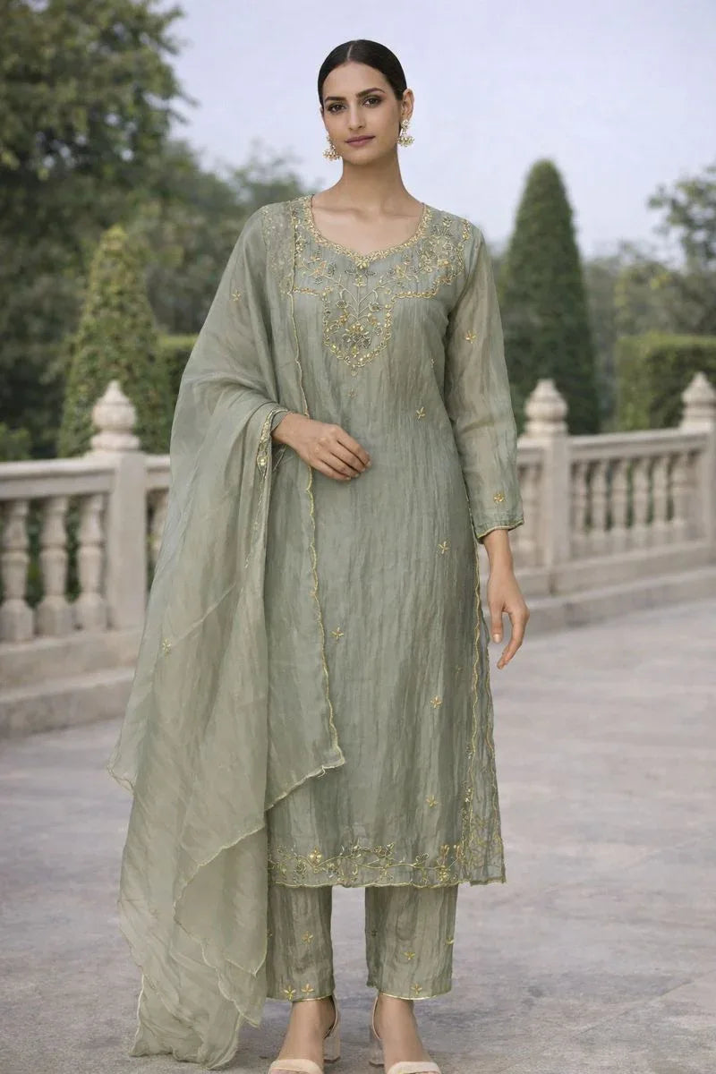 Sage Zari Embroidered Kurta Set - MishUUU