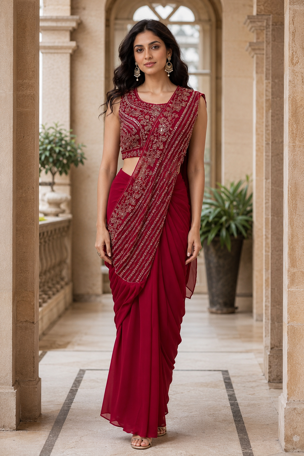 Ruby Zari Draped Saree Set
