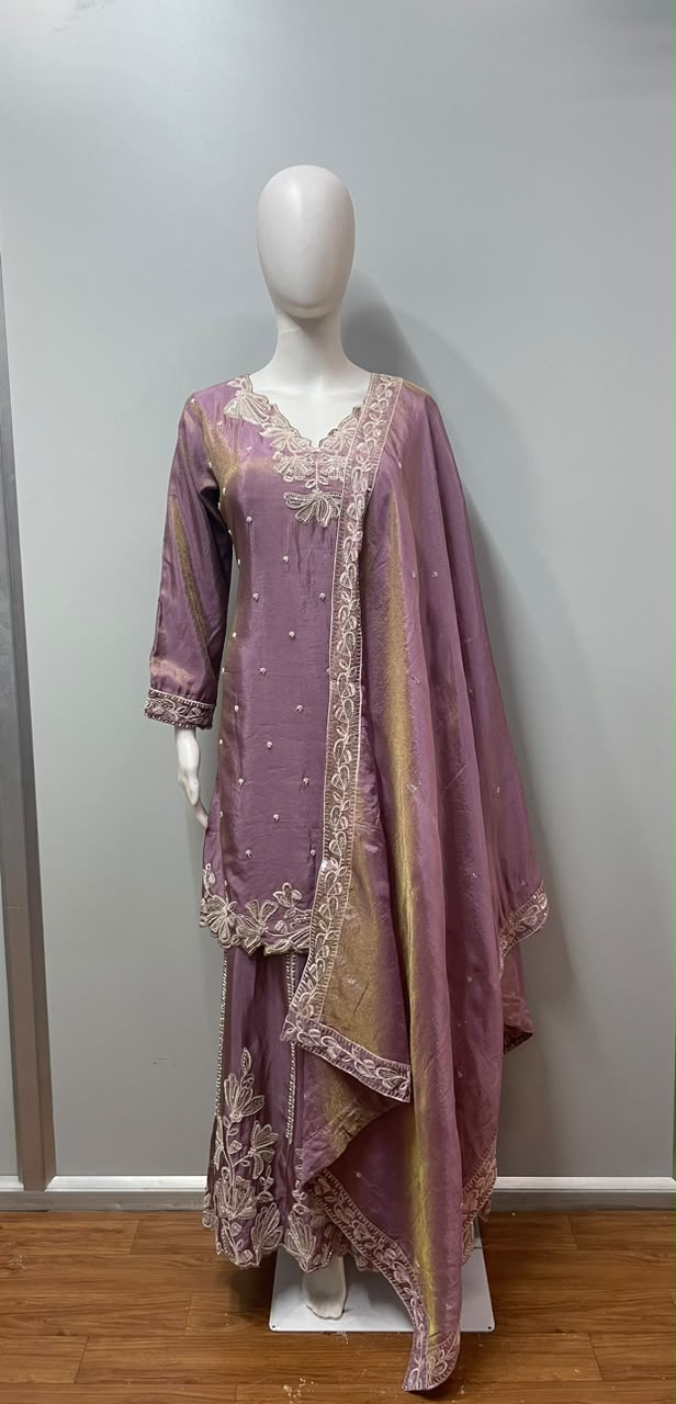Mauve Gold Embroidered Sharara Set
