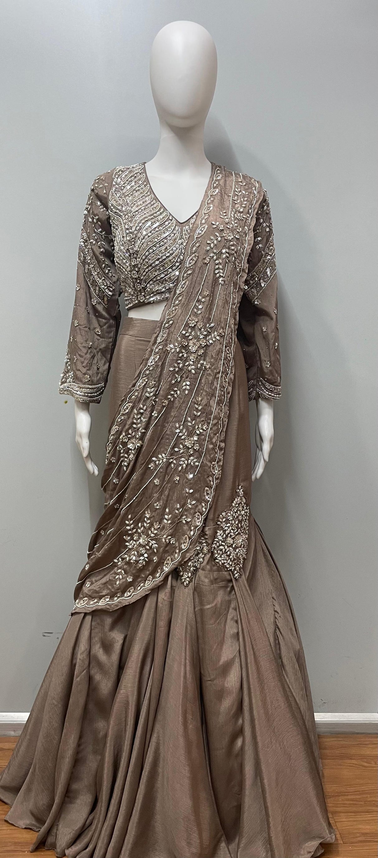 Taupe Silver Embroidered Draped Lehenga Set