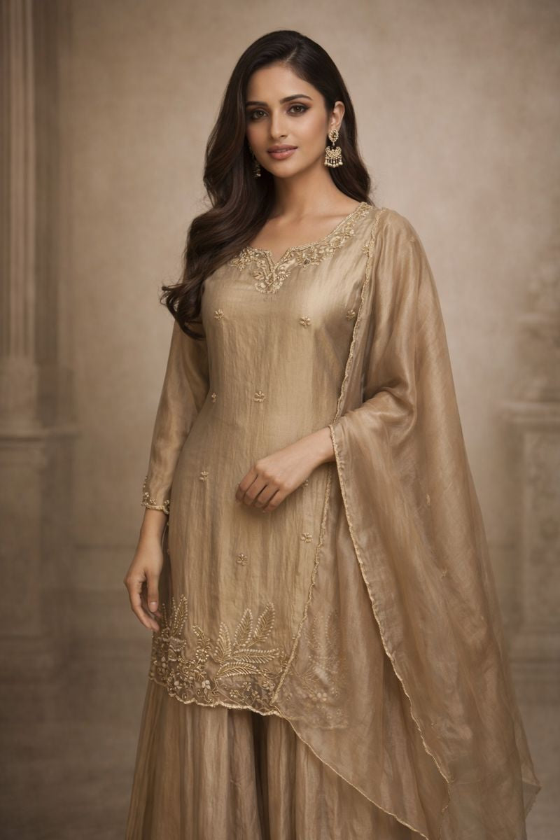 Mocha Gold Zari Sharara Set