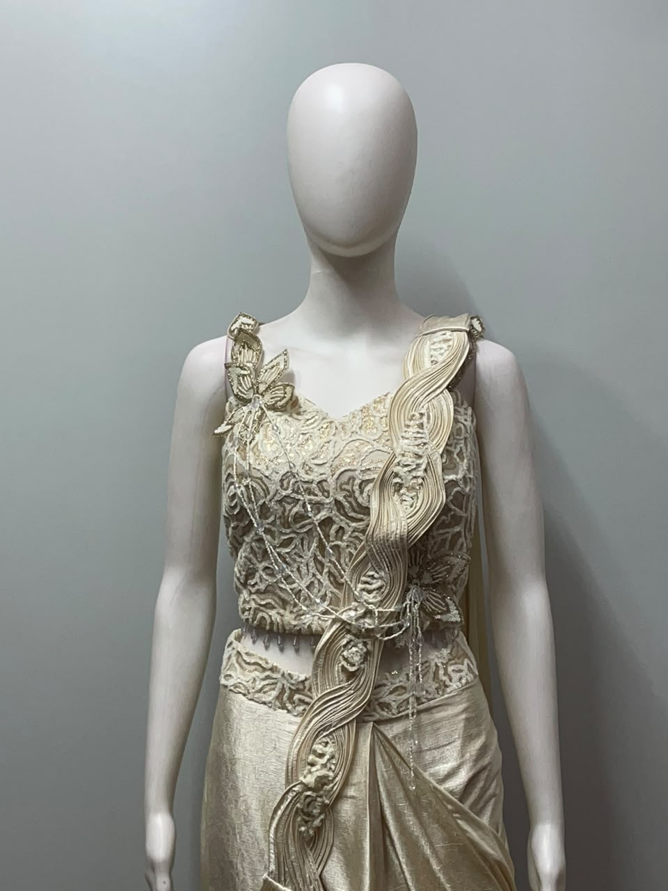 Champagne Appliqué Draped Saree Set