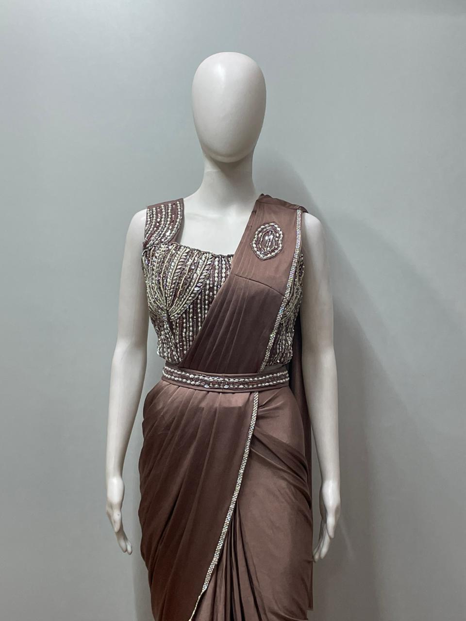 Mocha Silver Draped Saree Set
