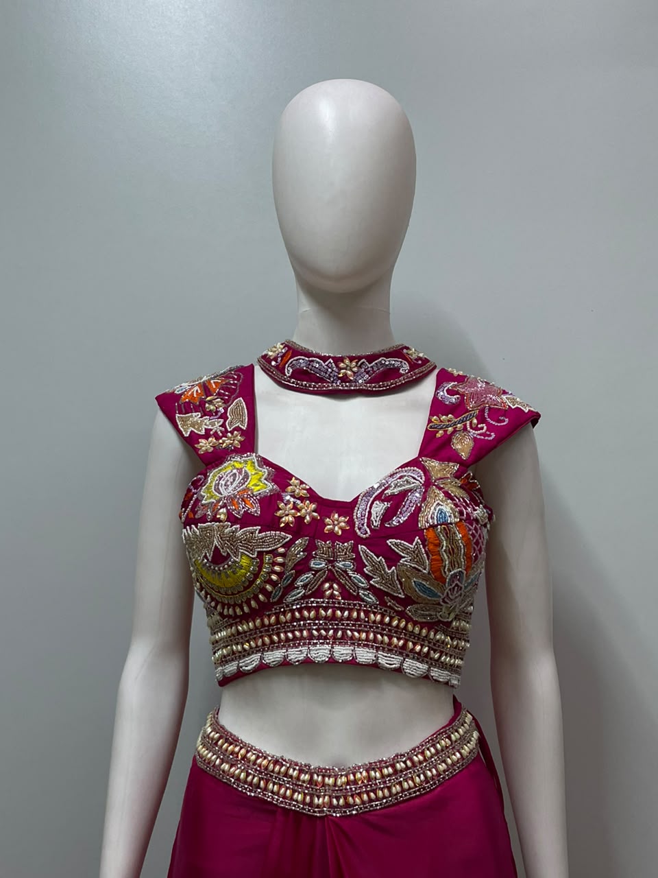Fuchsia Multicolor Embroidered Draped Skirt Set