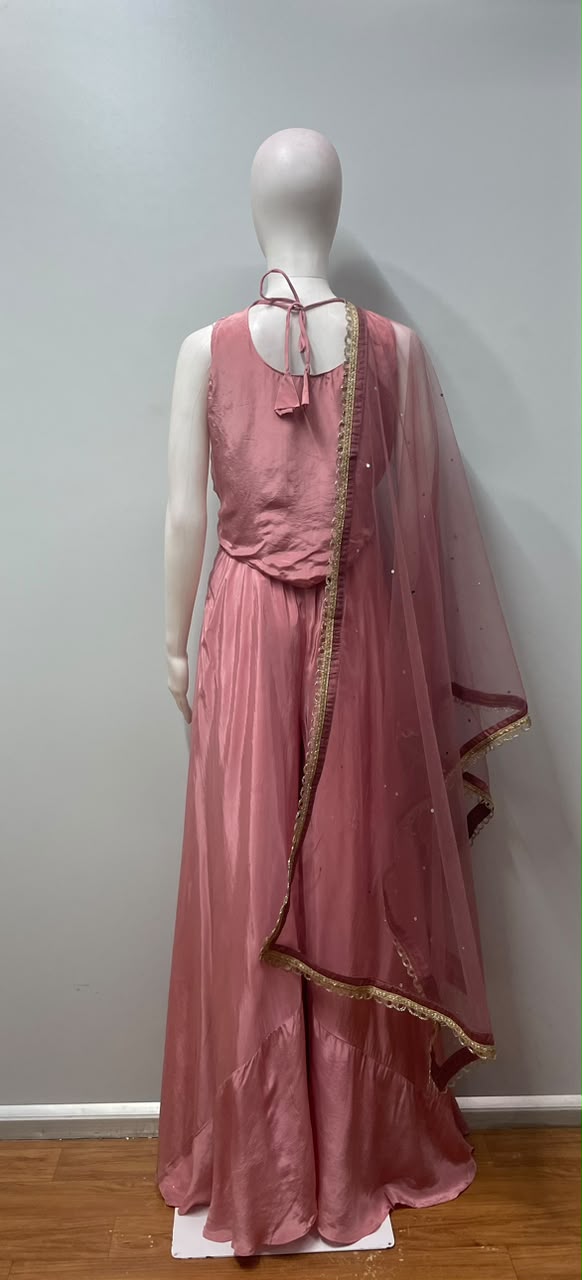 Dusty Rose Champagne Gold Embroidered Palazzo Ensemble - detail view