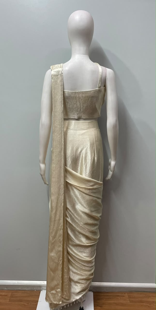 Champagne Appliqué Draped Saree Set
