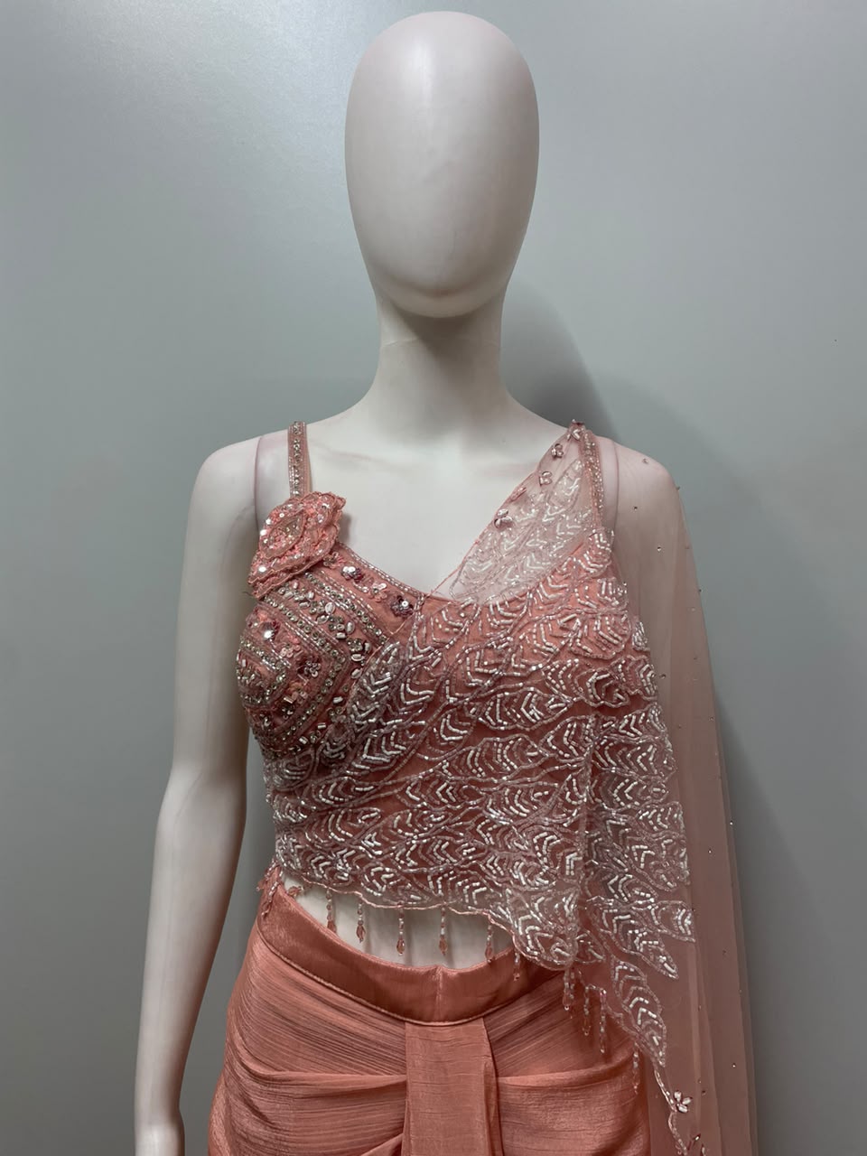 Coral Rose Silver Embellished Pre-Draped Saree Set