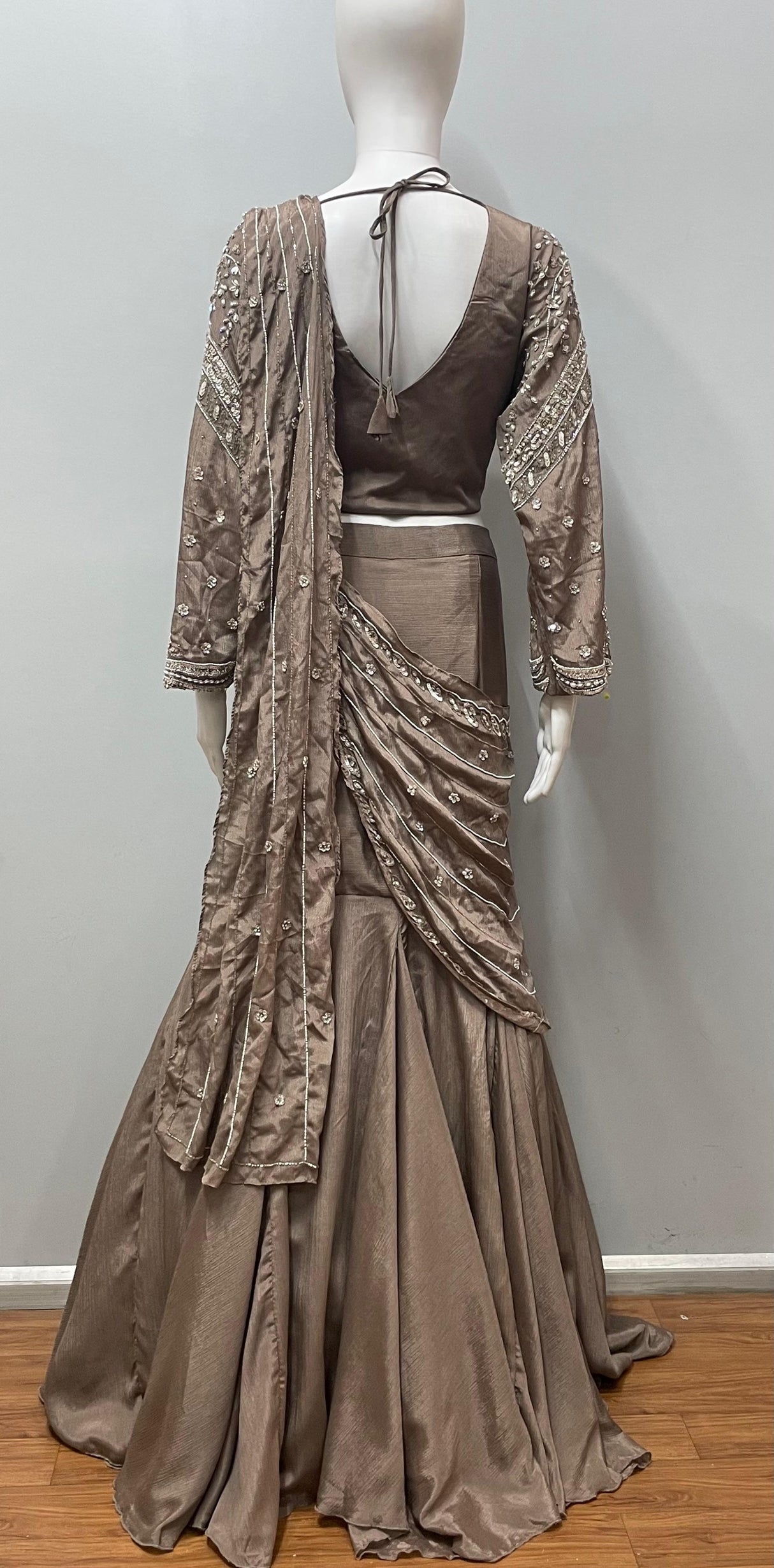 Taupe Silver Embroidered Draped Lehenga Set